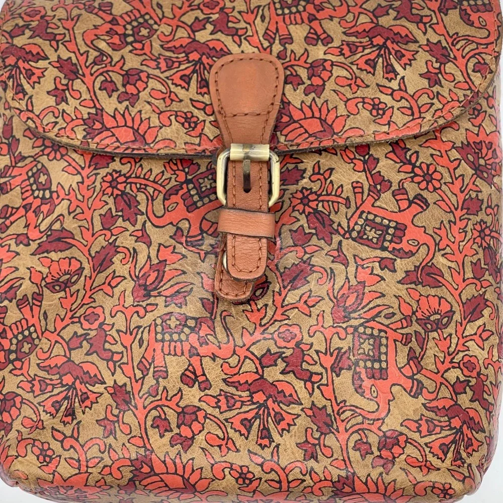 Patricia Nash Leather Mini Backpack Red Floral Elephant Print Boho Buckle Bag